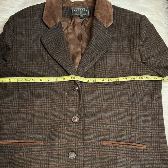 Vintage 90s Wool Plaid Blazer Jacket Women's Large Equestrian Brown Suede Trim - Picture 11 of 15